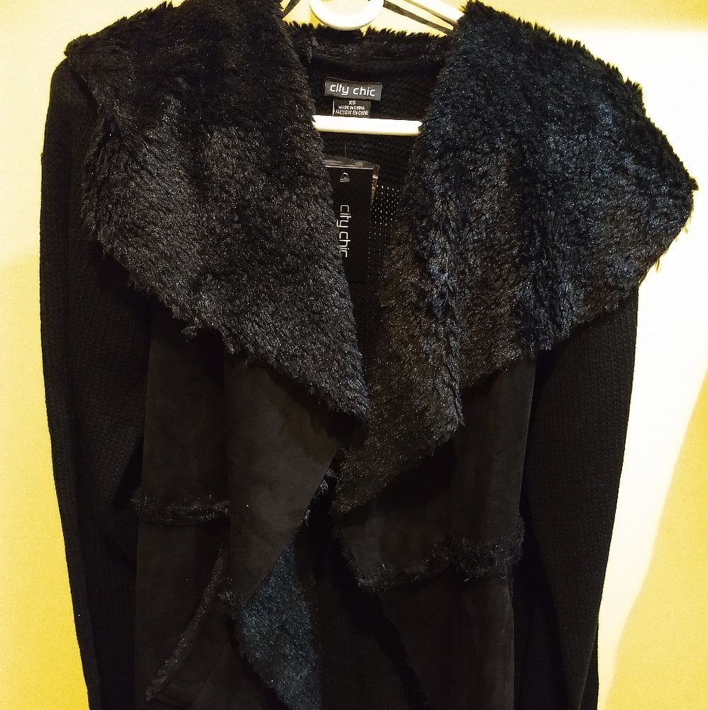 City Chic Soft Shearling Black Cardigan